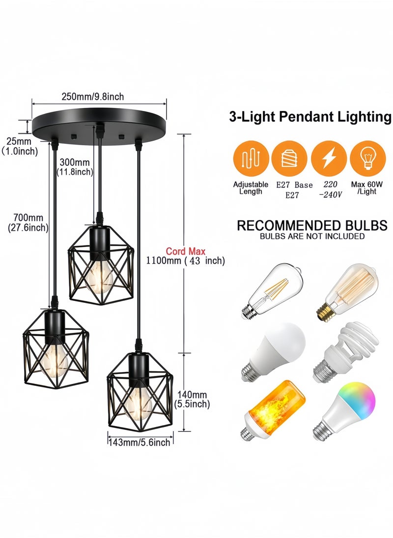 GGEROU 3-Lights Ceiling Lamp Adjustable Hanging Pendant Lights Industrial Flush Mount Ceiling Lighting Fixture E27 Base Black Geometric Ceiling Hanging Lamp for Kitchen Dinning Room Hallway  - Image 5