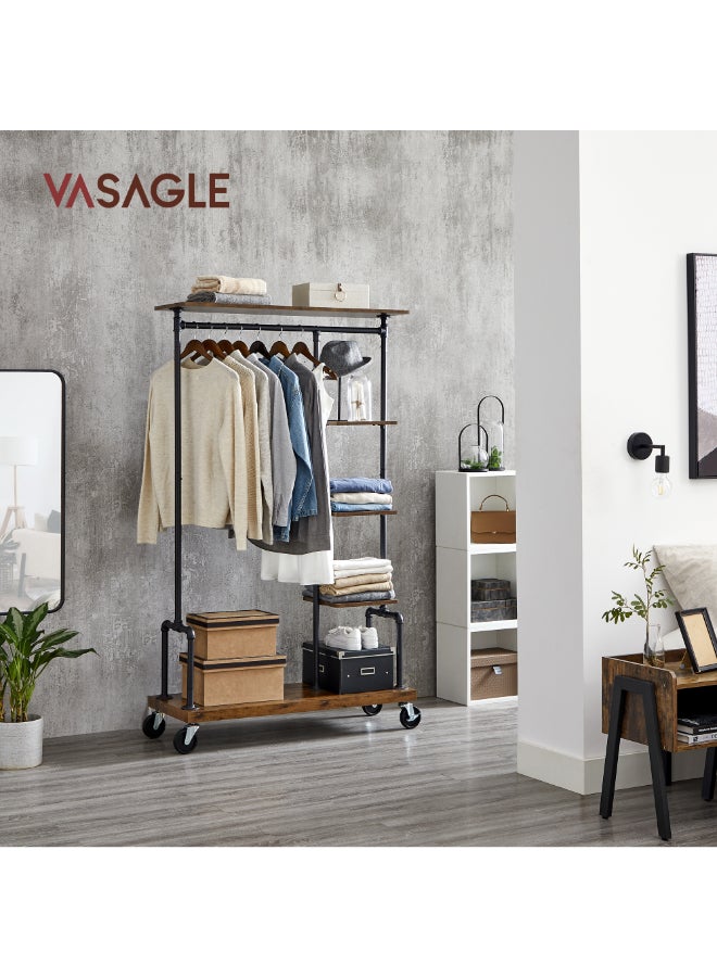 VASAGLE Clothes Rack, Clothing Rack on Wheels, 5-Tier Garment Rack with Metal Pipes, for Bedroom, Store, Laundry Room, Living Room, Rustic Brown and Black - Image 2