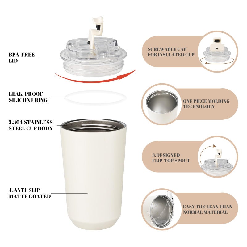 Puraville Insulated Tumblers with Lid  14 oz Travel Coffee Mug Stainless Steel Vacuum Thermos Cup  10/14 oz Leak Proof Reusable Double Walled Coffee Tumbler for Iced and Hot Drinks Cream - Image 4