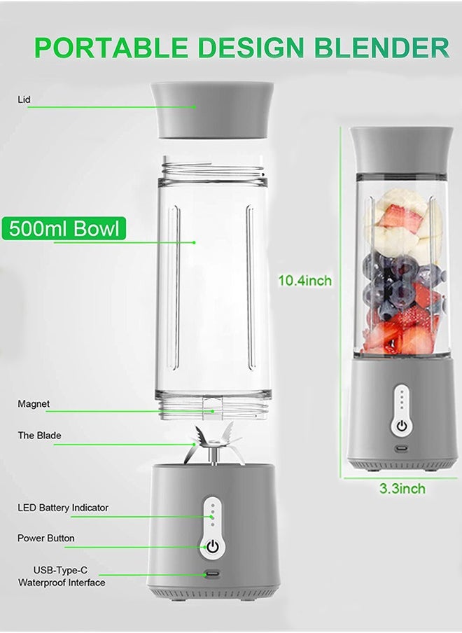 Portable Blender, 500ml Cup for Travel, Mini Personal Size Mixer for Shakes, Smoothie and Fruit Juice, Grey