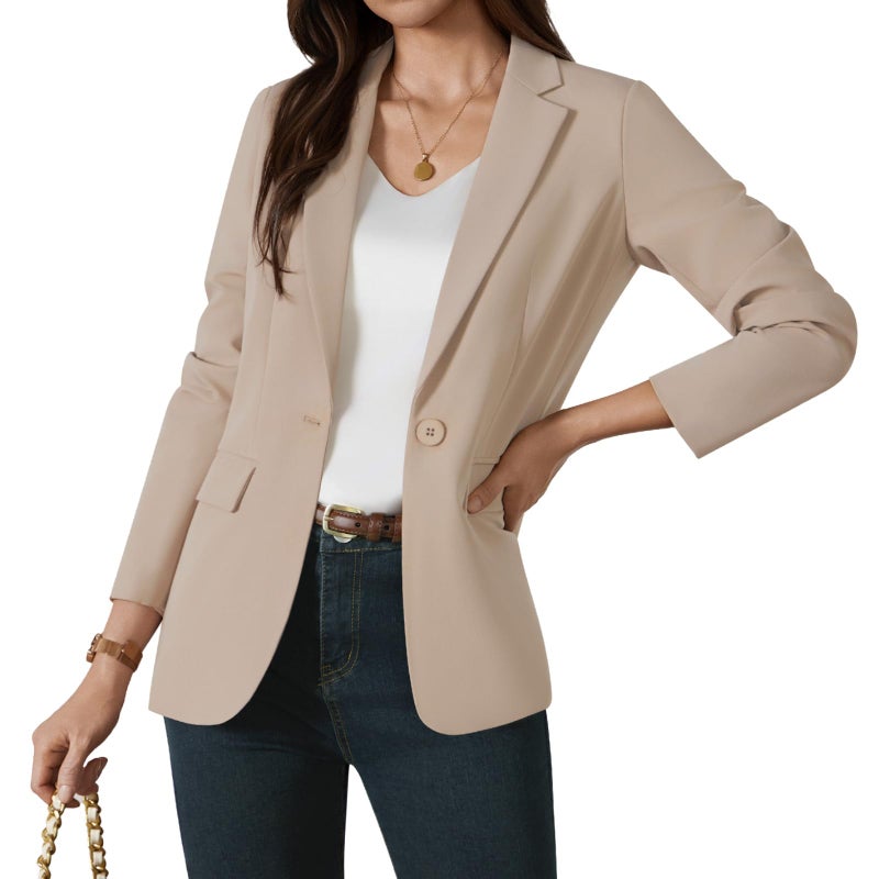 Kelyaa Womens One Button Blazer Casual Open Front Long Sleeve Suit Jackets Business Work Office Blazers with Pockets Khaki - Image 2