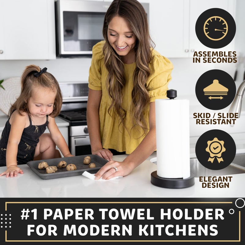 Dear Household حامل مناديل ورقية من الفولاذ المقاوم للصدأ من دير هاوسهولد سهل التشغيل بيد واحدة - هذا الموزع القوي للمناديل الورقية ذو الوزن المثبت على الطاولة يحتوي على أكواب شفط ويحتفظ بجميع لفات المناديل الورقية - أسود - Image 2