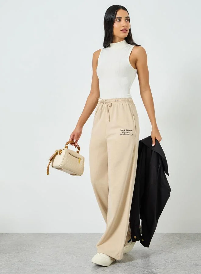 Beige Wide Leg Cotton Blend Joggers