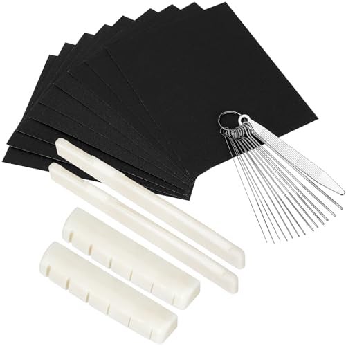 Blisstime 2 Sets (4pcs) 6 String Acoustic Guitar Bone Bridge Saddle and Nut, Made of Real Bone with 9 Pcs Sand Paper, Stainless Steel Needle Files of 13 Sizes - Image 1