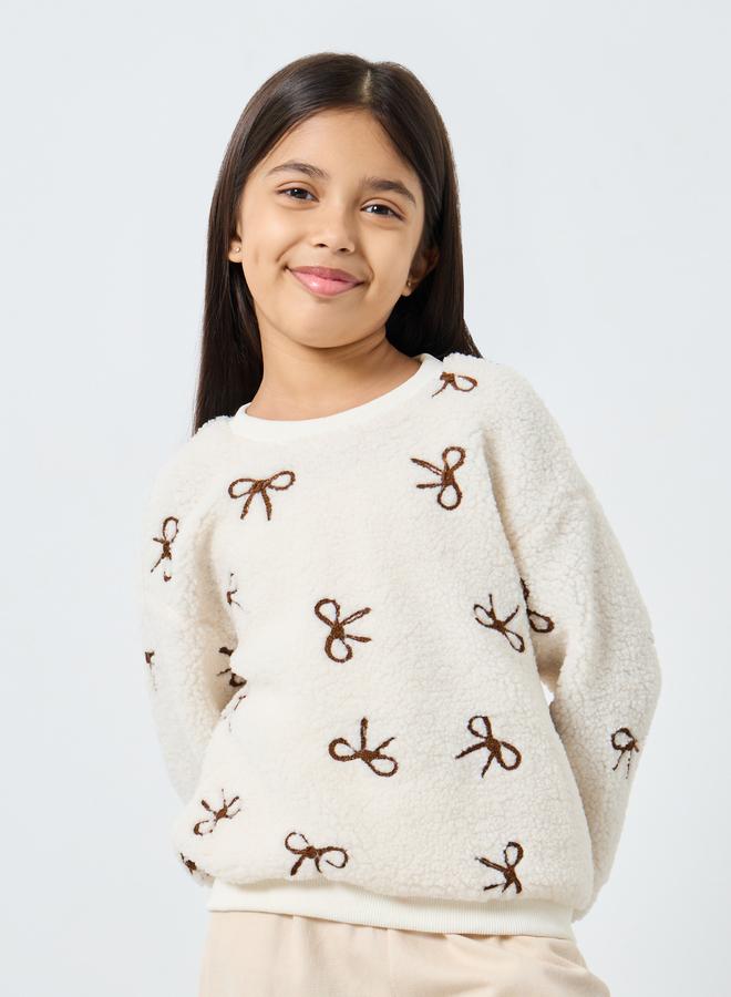 Styli Bow Embroidered Faux Fur Sweatshirt - Image 1