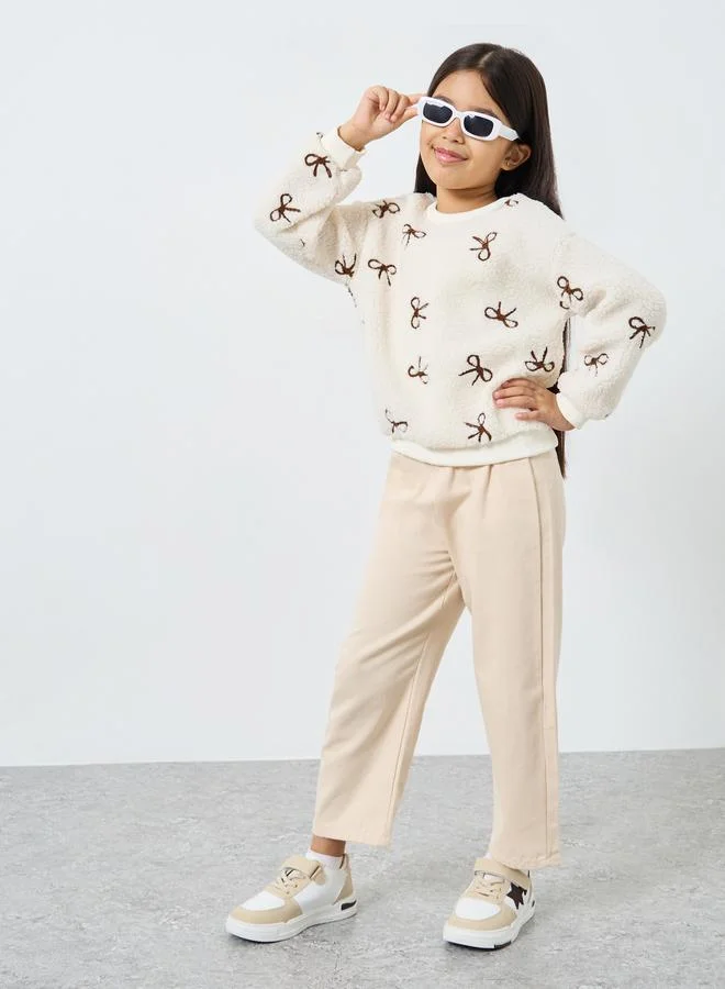 Styli Styli Bow Embroidered Faux Fur Sweatshirt