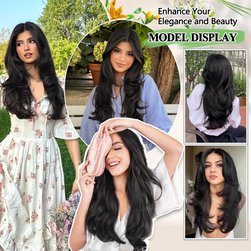 FREEMEIGE Clip in Hair Extensions,Black Hair Extensions for Women Straight Layered Hair Extensions Synthetic Heat Resistant Long Wavy Daily Use 20 Inch - Image 5