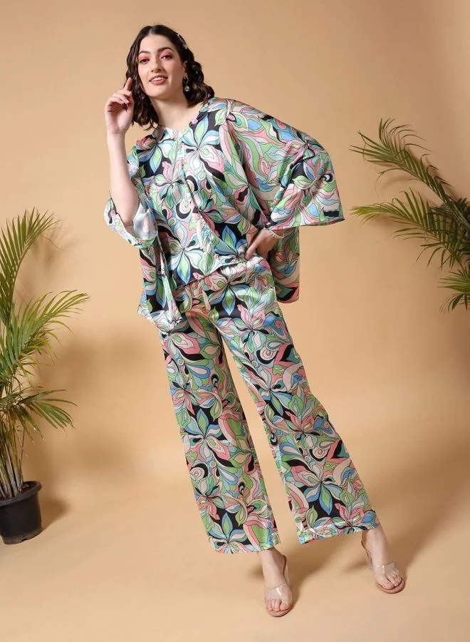Women Relaxed Fit Floral Long Sleeve Mid Rise Kaftan And Wide Leg Trouser Co-Ords Set