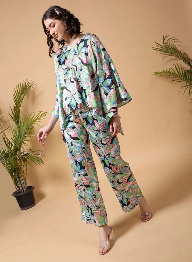 Freehand  Women Relaxed Fit Floral Long Sleeve Mid Rise Kaftan And Wide Leg Trouser Co-Ords Set  | Best Price UAE