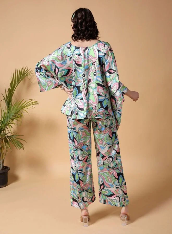 Freehand  Women Relaxed Fit Floral Long Sleeve Mid Rise Kaftan And Wide Leg Trouser Co-Ords Set  | Best Price UAE