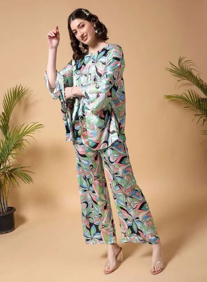 Freehand  Women Relaxed Fit Floral Long Sleeve Mid Rise Kaftan And Wide Leg Trouser Co-Ords Set  | Best Price UAE