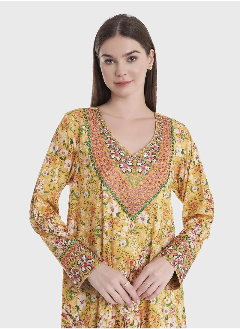 KASHKHA Floral Print Cotton Jalabiya with Stonework