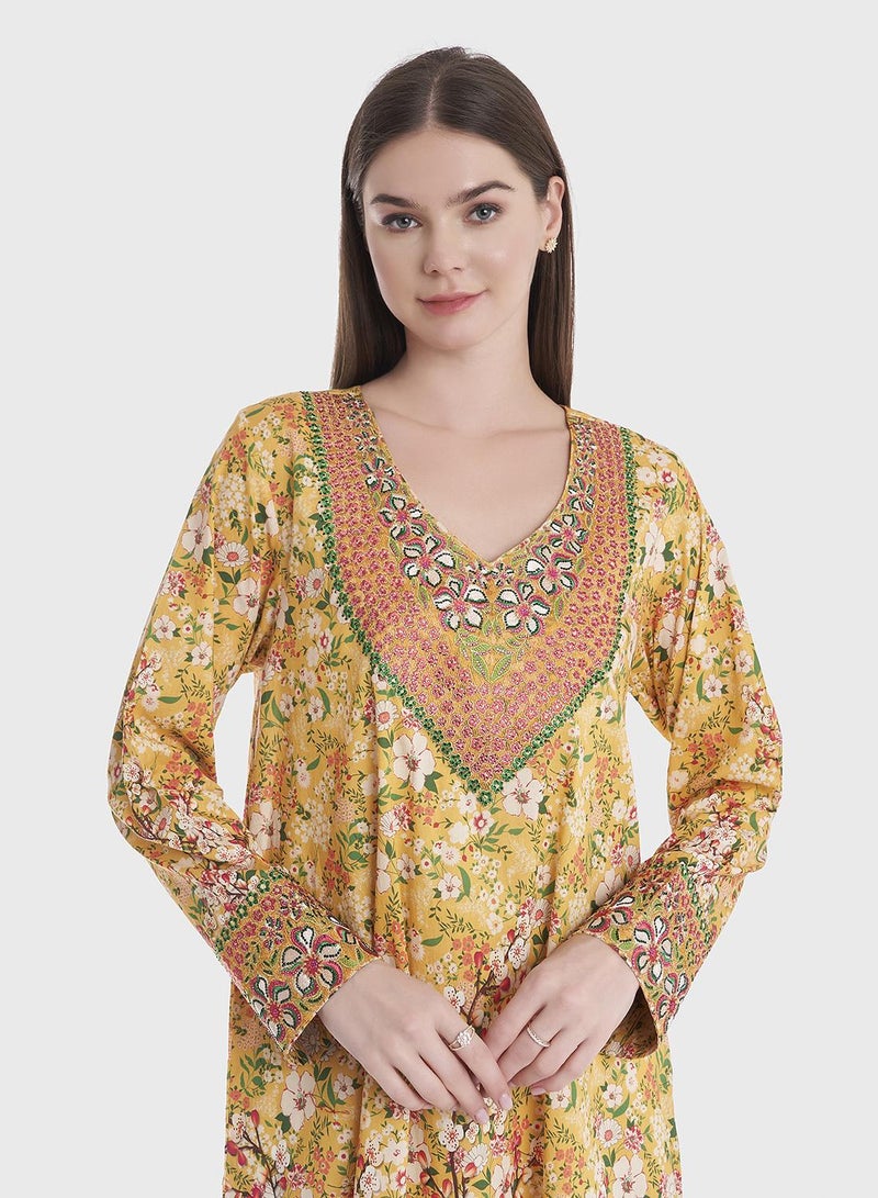 KASHKHA Floral Print Cotton Jalabiya with Stonework - Image 1