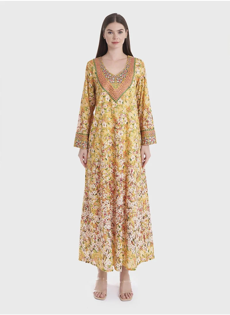 KASHKHA Floral Print Cotton Jalabiya with Stonework