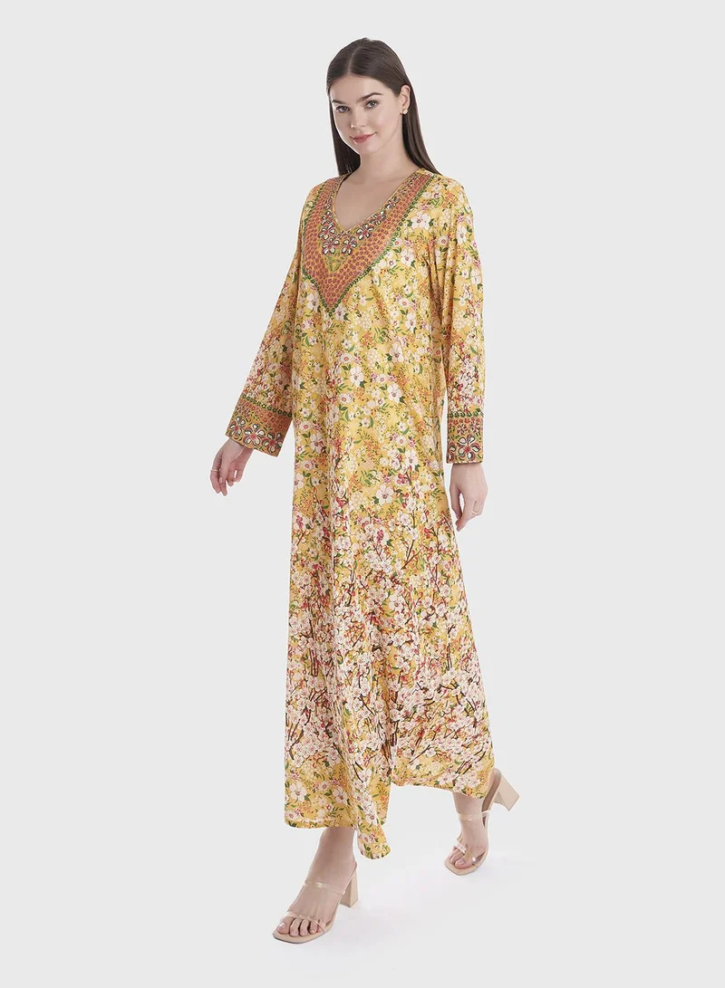 KASHKHA Floral Print Cotton Jalabiya with Stonework