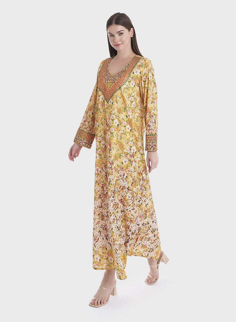 KASHKHA Floral Print Cotton Jalabiya with Stonework - Image 3