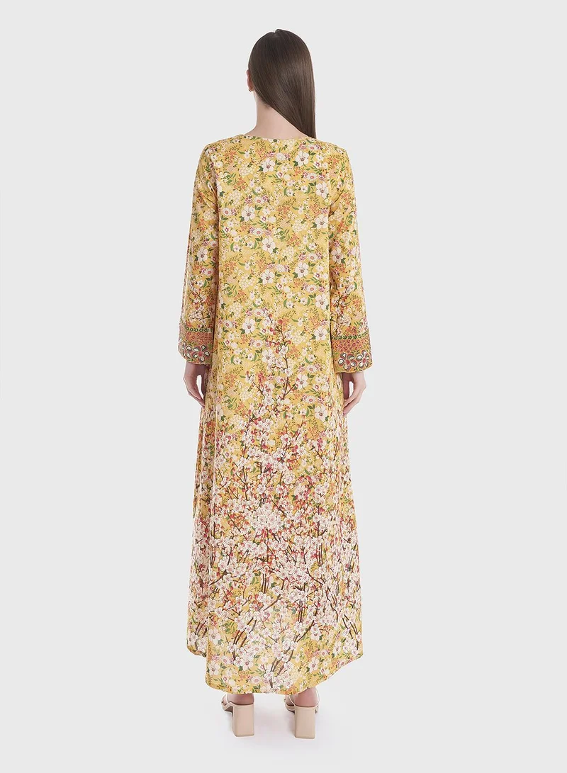 KASHKHA Floral Print Cotton Jalabiya with Stonework