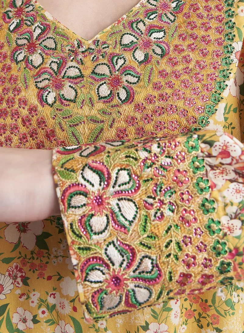KASHKHA Floral Print Cotton Jalabiya with Stonework