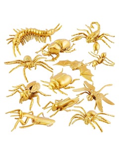 12 Pieces Metallic Gold Plastic Insects Figurines Toys Realistic Bugs Animal Decor for Farm Circus Jungle Safari Themed Birthday Party