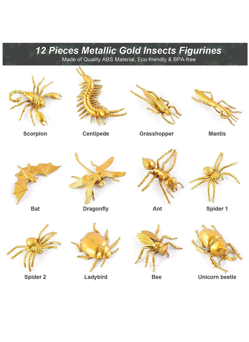Y&D - 12 Pieces Metallic Gold Plastic Insects Figurines Toys Realistic Bugs Animal Decor for Farm Circus Jungle Safari Themed Birthday Party - Image 1