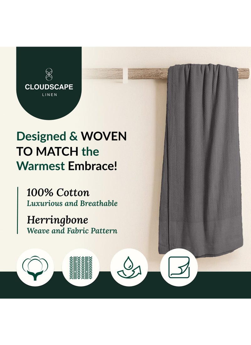 Cloud Scape Linen 100% Cotton Herringbone Blanket for All Season, Soft and Breathable Thermal Blanket,Dark Grey  - Image 3