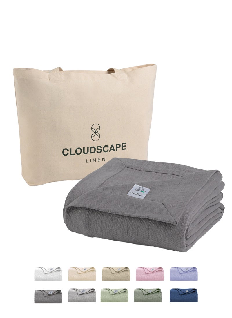 Cloud Scape Linen 100% Cotton Herringbone Blanket for All Season, Soft and Breathable Thermal Blanket,Dark Grey  - Image 1