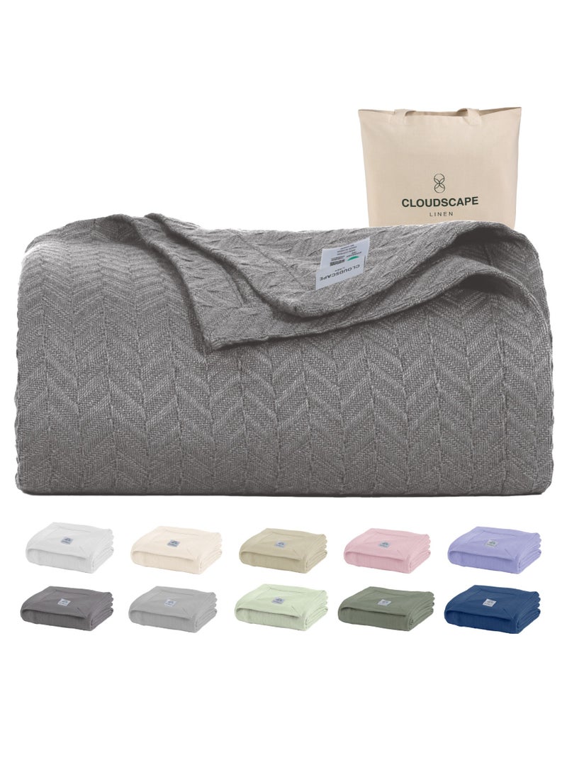 Cloud Scape Linen 100% Cotton Herringbone Blanket for All Season, Soft and Breathable Thermal Blanket,Dark Grey  - Image 1