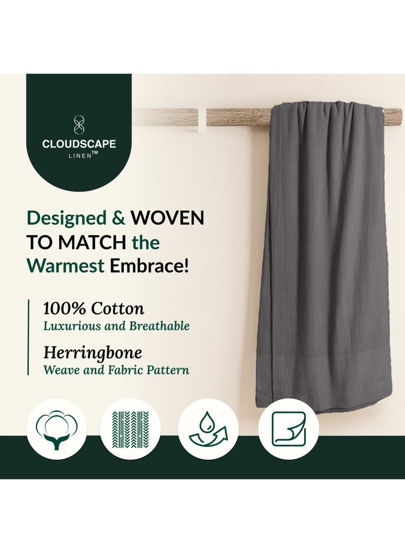 كلاود سكيب لينين 100% Cotton Herringbone Blanket for All Season, Soft and Breathable Thermal Blanket, Dark Grey - Image 5