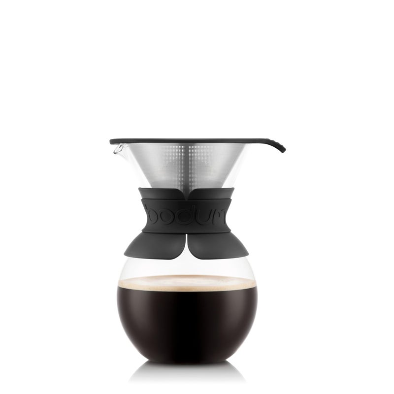 Bodum 34oz Pour Over Coffee Maker HighHeat Borosilicate Glass with Reusable Stainless Steel Filter and Black Band Grip Made in Portugal