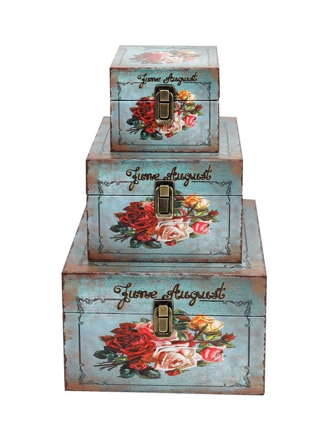 Jolitac Wood Storage Box Set of 3, Vintage Decorative Nesting Boxes Wooden Treasure Storage Crates With Latch, Home Decor Rustic Antique Boxes With Lid for Photos, Jewelry, Cash (Bloom) - Image 2