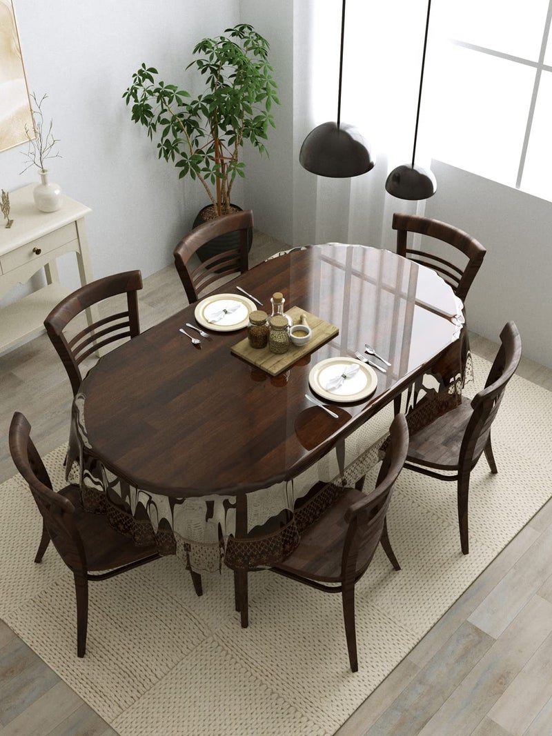 Clasiko 6 Seater Oval Dining Table Cover; 60x90 Inches or 152x228 Cms; Material - PVC; Anti Slip; Brown Tipping Lace - Image 1