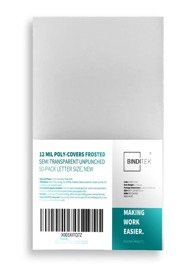 Binditek 50 Pack 12 Mil Frosted Polycover, Semi-Transparent Binding Presentation Covers, 8-1/2 x 11 Inches, Lightly Textured Sand Finish, Square Corners, Un-Punched Binding Front and Back Covers - Image 1
