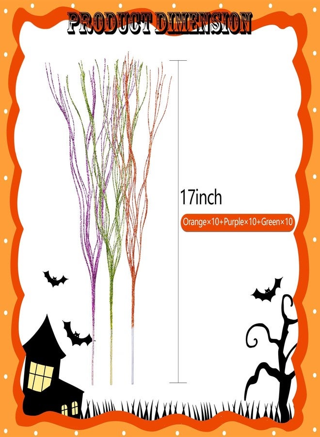 YBB 30Pcs Halloween Artificial Glitter Branches, 17 Inch Fall Stem Floral Picks Decorative Twigs for Halloween Thanksgiving Day Home Table Vase Decoration (Green&Purple&Orange) - Image 2