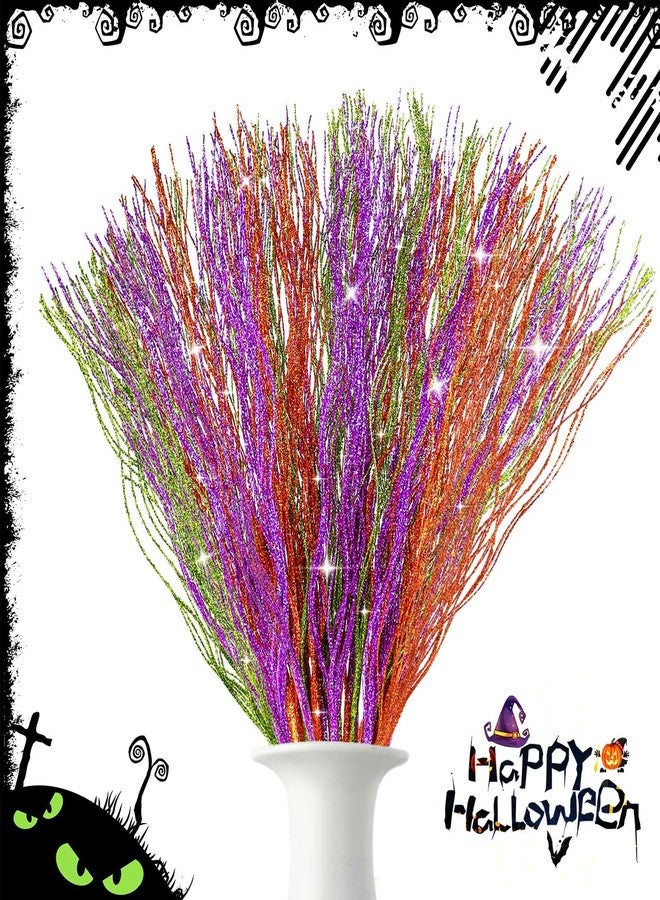 YBB 30Pcs Halloween Artificial Glitter Branches, 17 Inch Fall Stem Floral Picks Decorative Twigs for Halloween Thanksgiving Day Home Table Vase Decoration (Green&Purple&Orange) - Image 1