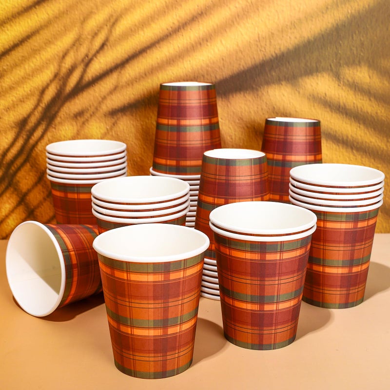 Whaline 50Pcs Fall Thanksgiving Paper Cups Orange Red Green Buffalo Plaid Disposable Cups Autumn Checkered Party Cups for Juice Coffee Hot Cold Drink Thanksgiving Party Supplies Table Decor 9oz