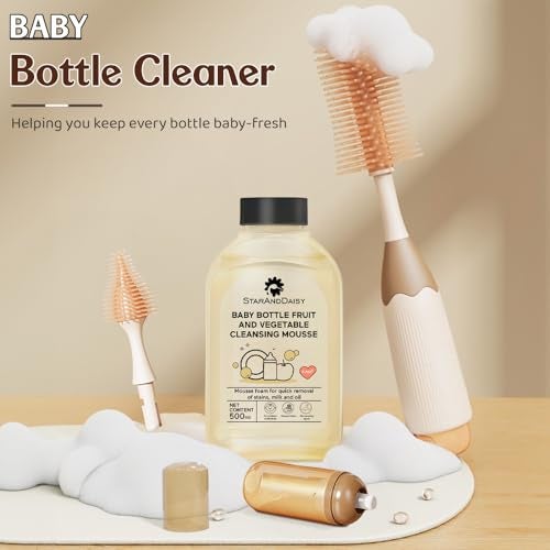 StarAndDaisy Baby Bottle Cleaning Brush Set with Silicone Bristle, 360° Cleaning Bottle Brush with 500 ML Bottle Cleaner & Long Handle, Easy to Clean Narrow & Wide Neck Bottles - Brown Beige - Image 2