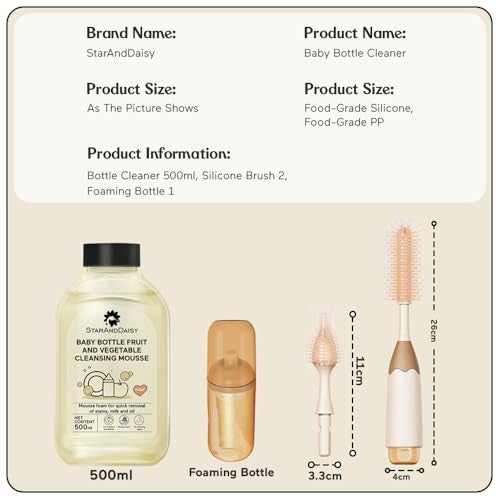 StarAndDaisy Baby Bottle Cleaning Brush Set with Silicone Bristle, 360° Cleaning Bottle Brush with 500 ML Bottle Cleaner & Long Handle, Easy to Clean Narrow & Wide Neck Bottles - Brown Beige - Image 5