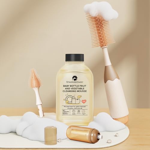 StarAndDaisy Baby Bottle Cleaning Brush Set with Silicone Bristle, 360° Cleaning Bottle Brush with 500 ML Bottle Cleaner & Long Handle, Easy to Clean Narrow & Wide Neck Bottles - Brown Beige - Image 1