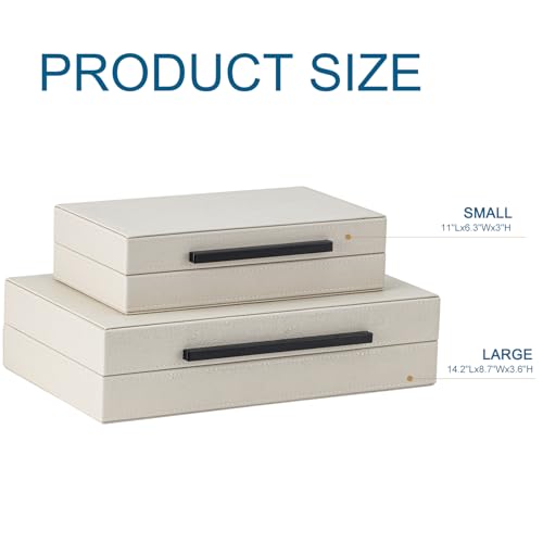 XIGEXIGE Set of 2 Beige Shagreen Decorative Storage Boxes with Black Metal Handles –Faux Leather Large Modern Stackable Nesting Jewelry Box with Lids Organizer - Image 3