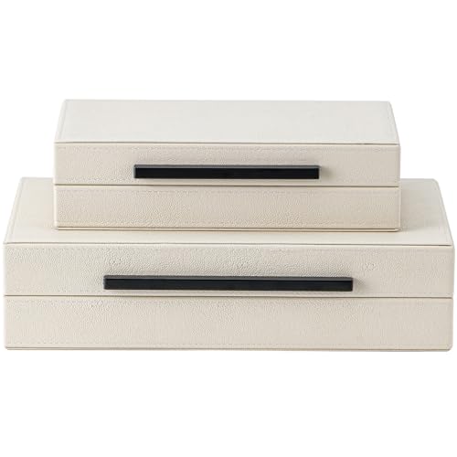 XIGEXIGE Set of 2 Beige Shagreen Decorative Storage Boxes with Black Metal Handles –Faux Leather Large Modern Stackable Nesting Jewelry Box with Lids Organizer - Image 1