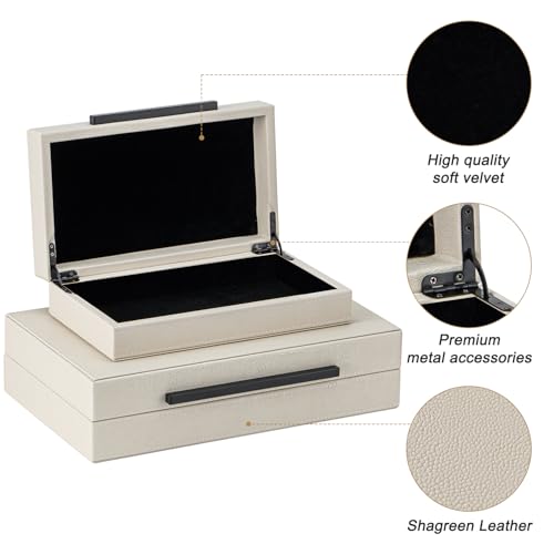 XIGEXIGE Set of 2 Beige Shagreen Decorative Storage Boxes with Black Metal Handles –Faux Leather Large Modern Stackable Nesting Jewelry Box with Lids Organizer - Image 4
