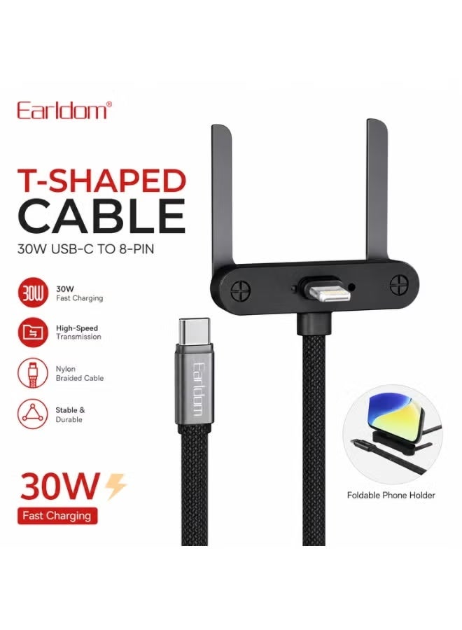 Earldom EC-220C-L 30W USB-C to Lightning Fast Charging Cable, 1m Nylon Braided Cord with Foldable Phone Holder, PD Fast Charging Cable, Durable Tangle-Resistant Charging Cable for iPhone, Compatible Devices, Travel, Car, Office & Daily Use, Black - Image 4