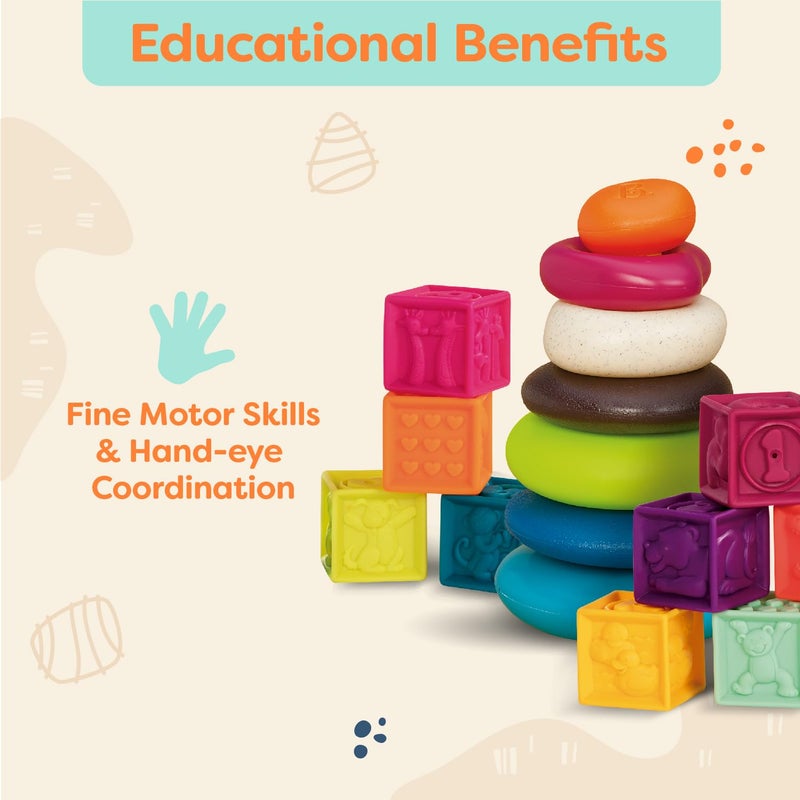 B. toys- B. baby -Baby Blocks & Stacking - 10 Numbered Blocks & 5 Colorful Rings - Building Play Set for Infants - Educational Toys - One Two Squeeze & Stacking Stones - 6 Months + - Image 2