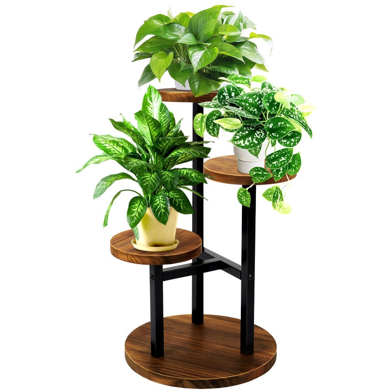 GEEBOBO 3 Tier Plant Stand Indoor Metal Wood Plant Stands For Indoor Plants Multiple Corner Tiered Flower Plants Shelf Stand for Living Room Bedroom Brown