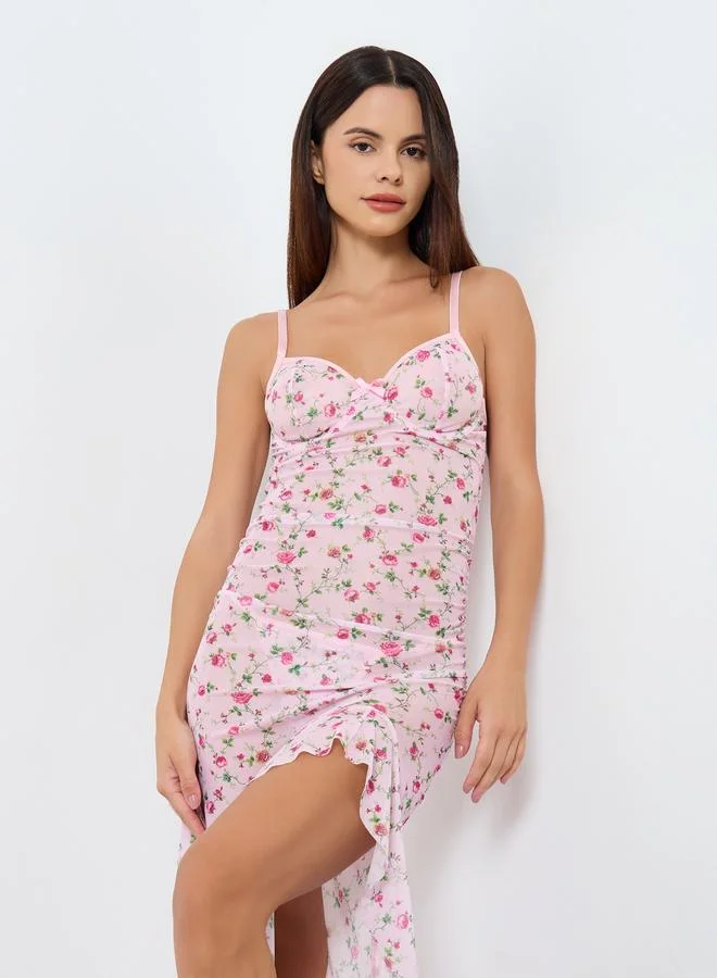 Take Two Floral Printed Wired Bra Ruffle Hem Detail Mesh Split Cami Dress with Thong Set