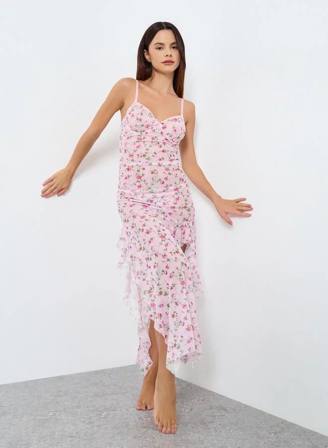 Take Two Floral Printed Wired Bra Ruffle Hem Detail Mesh Split Cami Dress with Thong Set