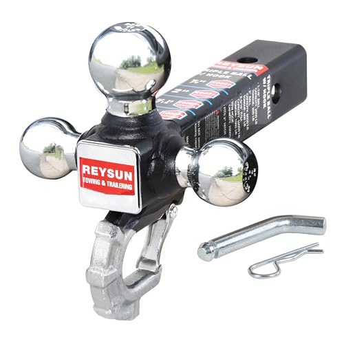 REYSUN Trailer Hitch Tri-Ball Hitch with Hook, Tactical Tow Ball Hitch, Fits 2-inch Hitch Receiver, Chrome Triple Balls with Hitch Pin and Clip - Image 1