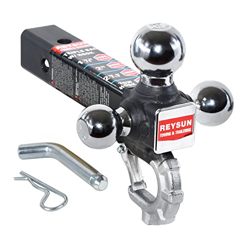 REYSUN Trailer Hitch Tri-Ball Hitch with Hook, Tactical Tow Ball Hitch, Fits 2-inch Hitch Receiver, Chrome Triple Balls with Hitch Pin and Clip - Image 2