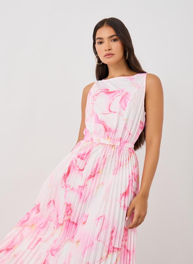 Styli Floral Print Sleeveless Pleated Detail A-Line Maxi Dress - Image 3