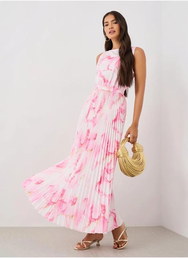 ستايلي Styli Floral Print Sleeveless Pleated Detail A-Line Maxi Dress